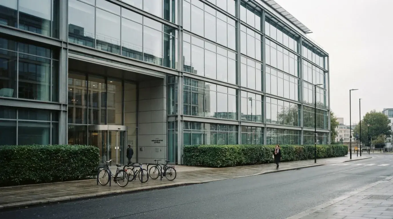 Blick auf ein Bürogebäude mit grossen Glasfenstern von der gegenüberliegenden Strasse aus.