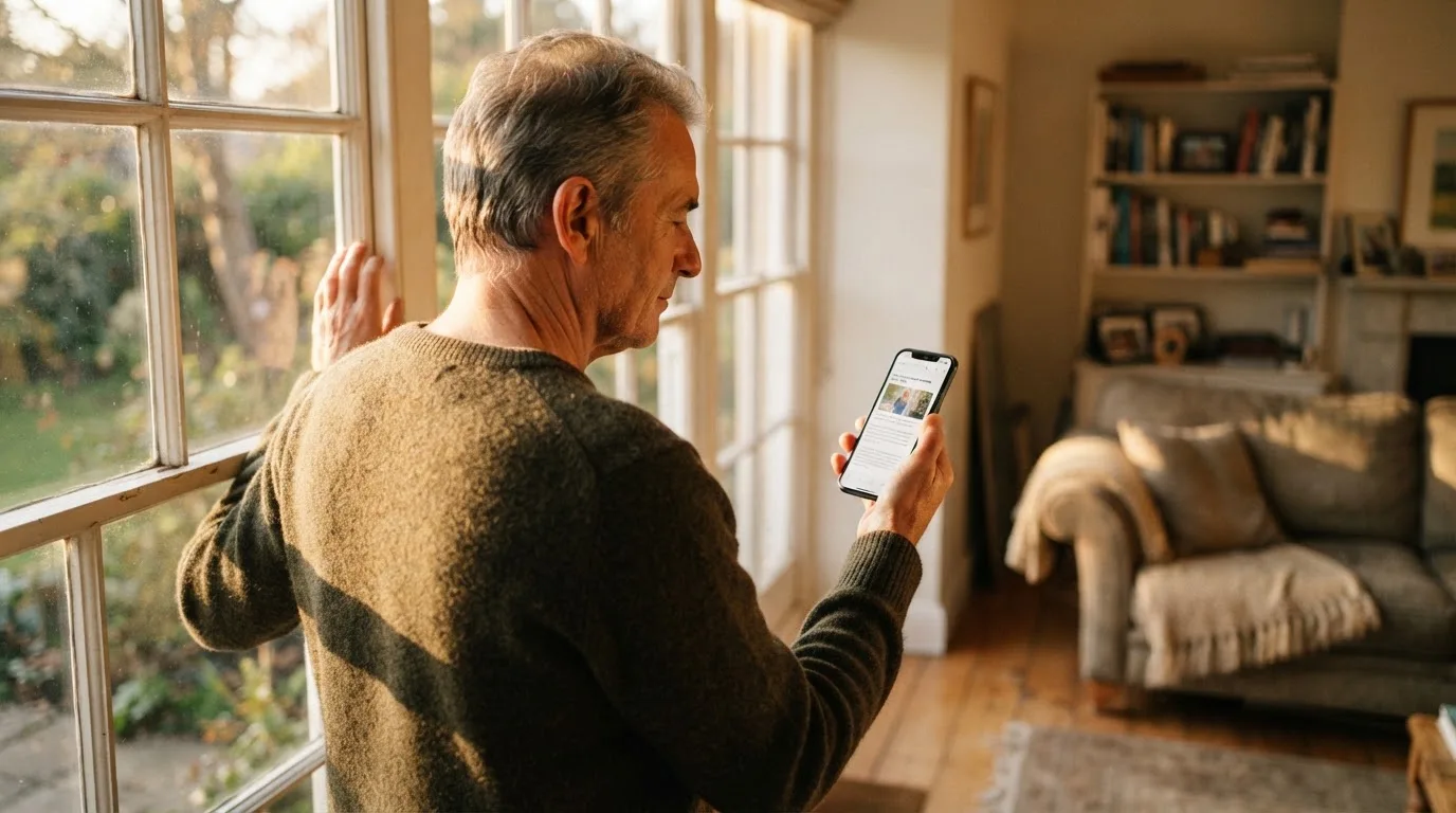 Älterer Mann steht am Fenster eines Wohnzimmers und blickt auf sein Smartphone, Nachmittagslicht.